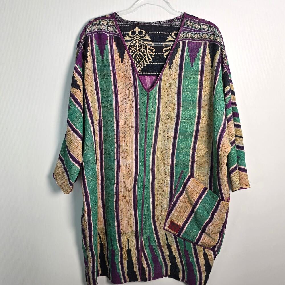 Mieko Mintz Kantha Kimono Dress Long Tunic Multi Color Reversible Lagenlook OS
